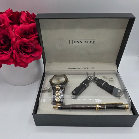 Hennessey Other - Hennessey Mens Gift Set Diamond Dial Watch Multi-tool w/ Pen Black Gold Tone New